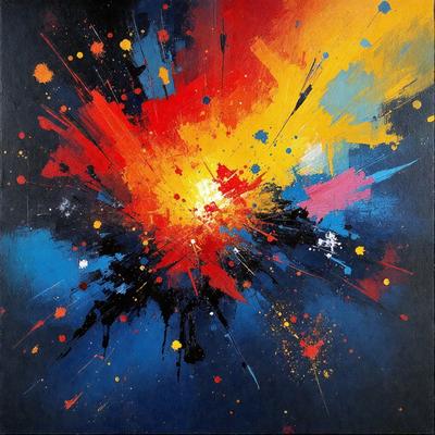 The primary subject of the image is a painting featuring a colorful explosion. The setting is a black background, which contrasts with the vibrant colors of the painting. The visual style is a mix of digital art and illustration, creating a dynamic and eye-catching scene. The dominant colors in the painting are red, blue, and yellow, which contribute to a lively and energetic atmosphere.